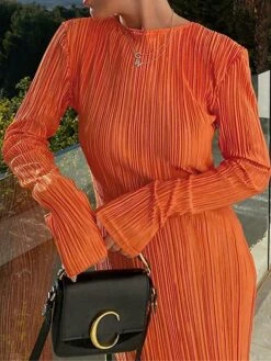 Women's Work Dress Sheath Dress Semi Formal Dress Fashion Daily Workfashion Long Dress Maxi Dress Ruched Pleated Crew Neck Long Sleeve Plain Slim Black Orange Fall Winter S M L -Tesla Style daznjl1695645276528