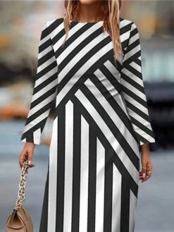 Women's Work Dress Casual Dress Semi Formal Dress Fashion Winter Dress Daily Midi Dress Print Crew Neck Long Sleeve Stripe Slim Black Fall Winter S M L XL XXL -Tesla Style dbbuue1694426137985