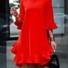 Women's Work Dress Chiffon Dress Semi Formal Dress Fashion Mini Dress Ruffle Crew Neck 3/4 Length Sleeve Plain Slim Red Fall Winter S M L XL -Tesla Style dbeszt1693288207274