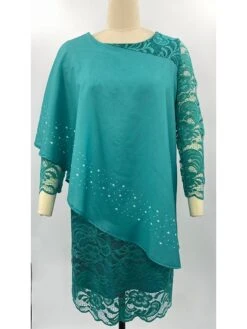 Women's Party Dress Work Dress Sheath Dress Midi Dress Navy Blue Blue Green 3/4 Length Sleeve Pure Color Lace Spring Fall Crew Neck Mature Office Summer Dress Spring Dress 2023 S M L XL XXL 3XL 4XL -Tesla Style dbfoec1693290593581