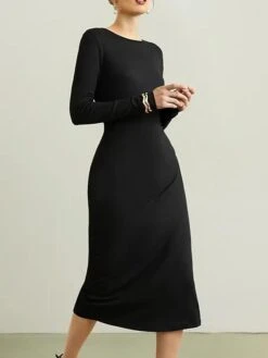 Women's Sweater Dress Winter Dress Jumper Dress Midi Dress Split Ribbed Outdoor Street Daily Fashion Streetwear Crew Neck Long Sleeve 2023 Regular Fit Black Color S M L XL XXL Size -Tesla Style dbinvo1694591766166