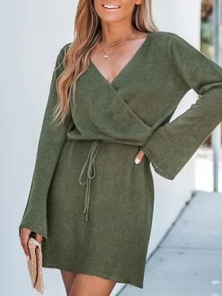 Women's Sweater Dress Winter Dress Jumper Dress Mini Dress Drawstring Daily Date Going Out Fashion Basic V Neck Long Sleeve 2023 Regular Fit Green Color S M L XL Size -Tesla Style dblqlw1691991717766