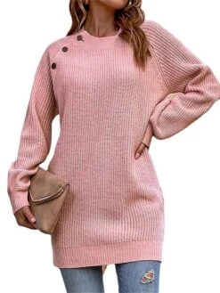Women's Sweater Dress Winter Dress Jumper Dress Mini Dress Button Daily Date Going Out Active Fashion Crew Neck Long Sleeve 2023 Loose Fit Black Pink Color S M L XL Size -Tesla Style dbpzrk1692858948597