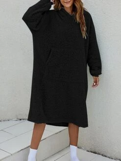 Women's Casual Dress Hoodie Dress Midi Dress Active Fashion Outdoor Home Holiday V Neck Pocket Solid Color Loose Fit Pink Burgundy Royal Blue M -Tesla Style dbuucq1692588264626