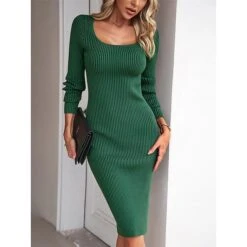 Women's Sweater Dress Winter Dress Jumper Dress Midi Dress Split Daily Date Going Out Active Fashion Crew Neck Long Sleeve 2023 Slim Black Blue Green Color S M L XL Size -Tesla Style dcbxxu1692353019709