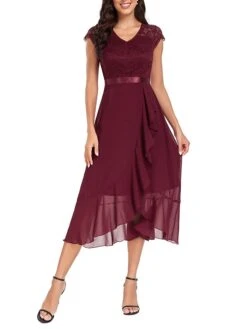 Women's Party Dress Lace Dress Cocktail Dress Midi Dress Black Wine Navy Blue Short Sleeve Pure Color Lace Spring Fall Winter V Neck Fashion Winter Dress Wedding Guest Vacation 2023 S M L XL XXL