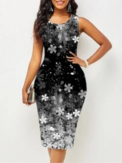 Women's Work Sweater Dress Sheath Sweater Dress Semi Formal Sweater Dress Fashion Midi Sweater Dress Print Crew Neck Sleeveless Floral Slim Yellow Pink Red Summer Spring S M L XL XXL -Tesla Style dcsiou1679455309537