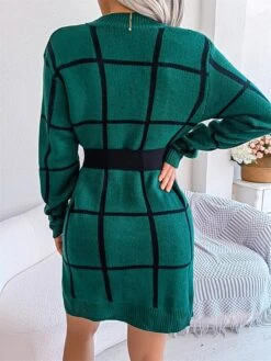 Women's Sweater Dress Winter Dress Jumper Dress Mini Dress Patchwork Daily Date Going Out Active Fashion Crew Neck Long Sleeve 2023 Loose Fit White Green Khaki Color S M L Size -Tesla Style dcvcho1692863466323