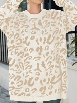 Women's Sweater Dress Winter Dress Jumper Dress Mini Dress Fashion Leopard Outdoor Street Daily Vacation Crew Neck Long Sleeve Print 2023 Loose Fit Khaki Army Green Apricot S M L XL -Tesla Style dderwu1696434062687