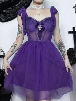 Women‘s Halloween Dress Party Dress Cocktail Dress Wedding Guest Dress Mini Dress Black Purple Sleeveless Pure Color Lace Spring Fall Winter Spaghetti Strap Fashion Birthday Wedding Guest 2023 S M L -Tesla Style ddszqb1693808831552