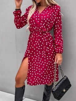 Women's Work Dress Sheath Dress Semi Formal Dress Fashion Midi Dress Lace Up Split V Neck Long Sleeve Polka Dot Loose Fit Black White Red Fall Winter S M L XL XXL -Tesla Style ddtnfj1692080009395