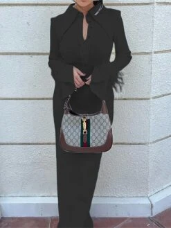 Women‘s Sweater Dress Winter Dress Party Dress Wedding Guest Dress Maxi Dress Fashion Pure Color Formal Evening Party Holiday Shirt Collar Long Sleeve Feather 2023 Regular Fit Black Beige -Tesla Style ddyudo1678849987613