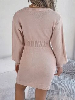Women's Sweater Dress Winter Dress Jumper Dress Mini Dress Warm Pure Color Outdoor Casual Holiday Vacation V Neck Long Sleeve 2023 Regular Fit Pink Burgundy Green S M L -Tesla Style dewacp1696926502296