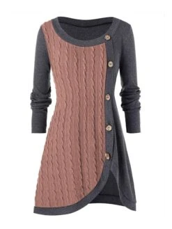 Women's Sweater Dress Winter Dress Jumper Dress Mini Dress Patchwork Button Street Daily Holiday Fashion Modern Crew Neck Long Sleeve 2023 Loose Fit Pink Wine Purple Color L XL XXL 3XL 4XL Size -Tesla Style dfaerz1692358246795
