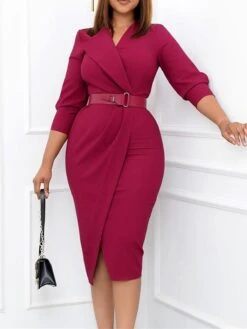 Women's Work Dress Casual Dress Sheath Dress Fashion Office Daily Workfashion Midi Dress Lace Up Ruched V Neck Long Sleeve Plain Regular Fit Red Green Dark Blue Fall Winter S M L XL XXL