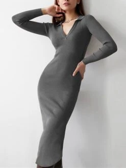 Women's Sweater Dress Winter Dress Jumper Dress Midi Dress Ruched Street Daily Holiday Fashion Streetwear V Neck Long Sleeve 2023 Regular Fit Black White Dark Gray Color S M L Size -Tesla Style dfjkgb1692938584300