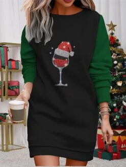 Women's Christmas Casual Dress Sweatshirt Dress Mini Dress Warm Fashion OutdoorVacation Crew Neck Printhat Loose Fit Black Wine Red S M L XL XXL -Tesla Style dfsxqz1695365297668