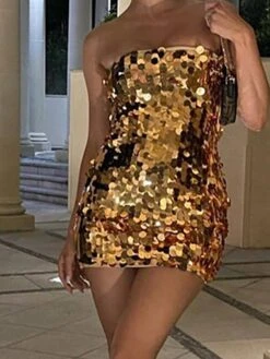 Women's Party Dress Sequin Dress Bodycon Mini Dress Yellow Blue Purple Sleeveless Pure Color Sequins Summer Spring Strapless Party Vacation Summer Dress Slim 2023 S M L -Tesla Style dgddpl1678256115543