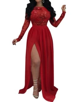 Women's Prom Dress Party Dress Sequin Dress Long Dress Maxi Dress Red Blue Long Sleeve Pure Color Sequins Spring Fall Winter Crew Neck Fashion Party Winter Dress Wedding Guest 2023 S M L XL -Tesla Style dgkcxj1652871044203