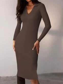 Women's Sweater Dress Winter Dress Jumper Dress Midi Dress Ruched Street Daily Holiday Fashion Streetwear V Neck Long Sleeve 2023 Regular Fit Black White Dark Gray Color S M L Size -Tesla Style dglhwj1692938581022