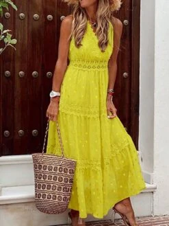Women's Party Dress Lace Dress Swing Dress Long Dress Maxi Dress White Yellow Pink Sleeveless Polka Dot Lace Summer Spring V Neck Vacation Regular Fit 2023 S M L XL XXL -Tesla Style dgqngm1658213910335