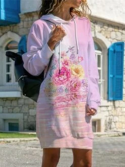 Women's Casual Dress Hoodie Dress Winter Dress Floral Ombre Print Hooded Mini Dress Fashion Streetwear Outdoor Daily Long Sleeve Loose Fit Black Pink Royal Blue Fall Winter S M L XL XXL