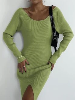 Women's Sweater Dress Winter Dress Jumper Dress Midi Dress Split Outdoor Daily Vacation Fashion Streetwear V Neck Long Sleeve 2023 Regular Fit Black White Green Color S M L Size -Tesla Style dgtnbs1692614185099