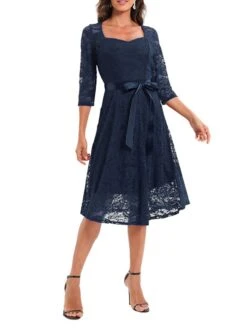 Women's Party Dress Lace Dress Vintage Dress Midi Dress Black Wine Navy Blue 3/4 Length Sleeve Pure Color Lace Summer Spring Fall Square Neck Fashion Wedding Guest Birthday Vacation 2023 S M L XL XXL -Tesla Style dgyxfz1671444180460