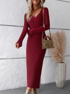 Women's Sweater Dress Winter Dress Jumper Dress Midi Dress Ribbed Outdoor Work Street Fashion Modern V Neck Long Sleeve 2023 Slim Black White Wine Color S M L XL Size -Tesla Style dhauag1694602911793