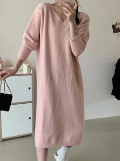 Women's Sweater Dress Jumper Dress Casual Dress Midi Dress Fashion Pure Color Outdoor Daily Vacation Going Out V Neck Long Sleeve Patchwork 2023 Regular Fit Black White Pink One Size -Tesla Style dhrteq1695351278719