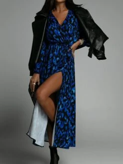 Women's Work Dress Casual Dress Swing Dress Fashion Office Daily Workfashion Midi Dress Split Print V Neck Long Sleeve Leopard Print Loose Fit Blue Brown Green Fall Winter S M L XL XXL -Tesla Style didlsf1695030989114