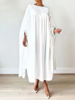 Women's Work Dress Black Dress White Dress Fashion Long Dress Maxi Dress Ruched Split Crew Neck Long Sleeve Plain Loose Fit Black White Yellow Fall S M L XL XXL -Tesla Style dirgzy1693203349686
