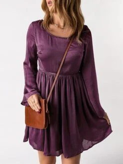 Women's Work Dress Casual Dress Sheath Dress Fashion Winter Dress Daily Mini Dress Lace Ruched Crew Neck Long Sleeve Plain Regular Fit Purple Fall Winter S M L XL -Tesla Style disebu1695636091685