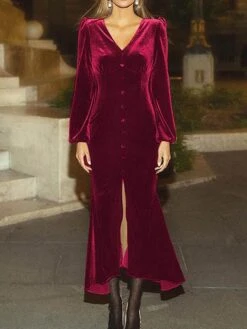 Women's Prom Dress Party Dress Velvet Dress Long Dress Maxi Dress Black Pink Wine Long Sleeve Pure Color Button Fall Winter Autumn V Neck Fashion Winter Dress Birthday Evening Party 2023 S M L XL XXL -Tesla Style diweal1693535344609