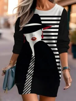 Women's Casual Dress Sweatshirt Dress Mini Dress Warm Fashion Outdoor Vacation Going Out Crew Neck Print Print Loose Fit Black White Red S M L XL XXL -Tesla Style djcndc1694596717696
