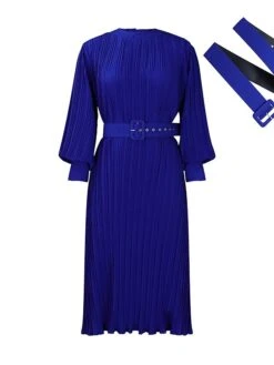 Women's Work Dress Casual Dress Black Dress Fashion Office Daily Workfashion Midi Dress Lace Up Pleated Crew Neck Long Sleeve Plain Regular Fit Black White Red Fall Winter S M L XL XXL -Tesla Style djctns1695645196513