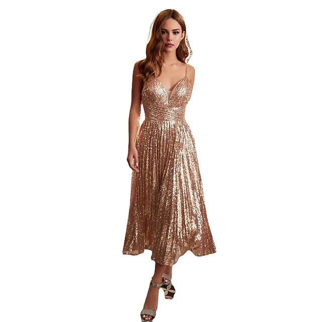 Women‘s Semi Formal Party Dress Sequin Dress Slip Dress Midi Dress Gold Sleeveless Pure Color Sequins Spring Summer Spaghetti Strap Slim 2023 S M L XL 4 Women‘s Semi Formal Party Dress Sequin Dress Slip Dress Midi Dress Gold Sleeveless Pure Color Sequins Spring Summer Spaghetti Strap Slim 2023 S M L XL - Image 2