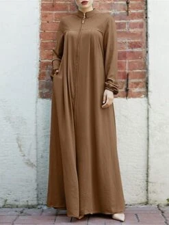 Women's Work Dress Swing Dress Black Dress Classic Long Dress Maxi Dress Zipper Pocket Stand Collar Long Sleeve Plain Loose Fit Black Brown Green Fall Winter S M L XL XXL -Tesla Style djixic1693300621108