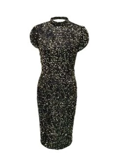 Women‘s Party Dress Homecoming Dress Sequin Dress Bodycon Midi Dress Black Short Sleeve Pure Color Sequins Fall Spring Summer Stand Collar Office 2023 S M L XL -Tesla Style djvrva1676629665821