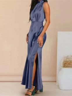 Women's Prom Dress Party Dress Satin Dress Long Dress Maxi Dress Black Light Green Wine Sleeveless Pure Color Split Summer Spring Stand Collar Fashion Evening Party Wedding Guest Vacation Loose Fit -Tesla Style djyiow1678413532659