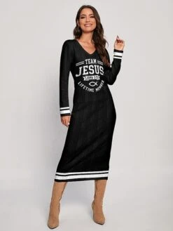 Women's Sweater Dress Winter Dress Jumper Dress Midi Dress Warm Letter Outdoor Daily Holiday Vacation V Neck Long Sleeve 2023 Regular Fit Black White S M L XL XXL 3XL -Tesla Style dkfpae1697525542473