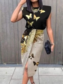 Women's Sheath Dress Midi Dress Sleeveless Butterfly Print Summer Spring V Neck Stylish Party 2023 S M L XL XXL 3XL -Tesla Style dkgrqr1647840730111