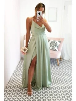 Women's Prom Dress Party Dress Satin Dress Long Dress Maxi Dress Light Green Wine Sleeveless Pure Color Split Summer Spring Fall Spaghetti Strap Fashion Party Birthday Evening Party 2023 S M L XL -Tesla Style dkhofg1671775302595