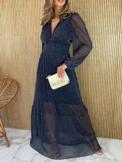 Women's Prom Dress Party Dress Sheath Dress Long Dress Maxi Dress Pink Green Dark Blue Long Sleeve Pure Color Ruched Fall Winter Autumn V Neck Fashion Evening Party Vacation 2023 S M L XL XXL 3XL 4XL -Tesla Style dktttv1695112998119