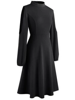 Women's Work Dress Semi Formal Dress A Line Dress Fashion Midi Dress Hollow Out Crew Neck Long Sleeve Plain Regular Fit Black Red Fall Winter S M L XL XXL -Tesla Style dlajfy1692603041830