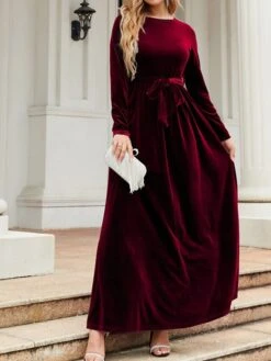 Women's Party Dress Velvet Dress Emerald Green Dress Long Dress Maxi Dress Black Wine Green Long Sleeve Pure Color Lace Up Spring Fall Winter Round Neck Fashion Winter Dress Fall Dress Spring Dress -Tesla Style dldbrh1664430783614