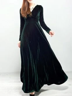 Women‘s Party Dress Wedding Guest Dress Velvet Dress Long Dress Maxi Dress Black Wine Royal Blue Long Sleeve Pure Color Ruched Fall Spring V Neck Fashion Party Winter Dress Evening Party 2023 S M L XL -Tesla Style dlrqfn1664516293665