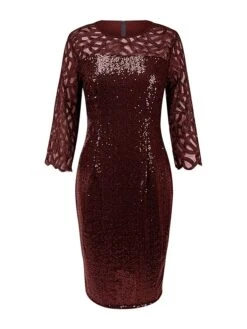 Women‘s Party Dress Sequin Dress Cocktail Dress Midi Dress Black Wine Dark Green 3/4 Length Sleeve Pure Color Sparkly Glitter Sequins Spring Fall Winter Crew Neck Fashion Wedding Guest Birthday -Tesla Style dlusnt1691659616580