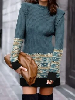 Women's Sweater Dress Jumper Dress Casual Dress Mini Dress Warm Geometric Tribal Outdoor Daily Vacation Going Out Crew Neck Long Sleeve 2023 Regular Fit Light Green Blue Purple S M L XL XXL 3XL -Tesla Style dlyiio1693978826100