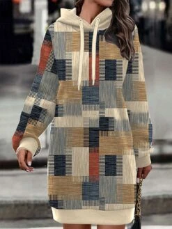Women's Casual Dress Hoodie Dress Winter Dress Geometric Plaid Print Hooded Mini Dress Fashion Streetwear Outdoor Daily Long Sleeve Loose Fit Khaki Fall Winter S M L XL XXL
